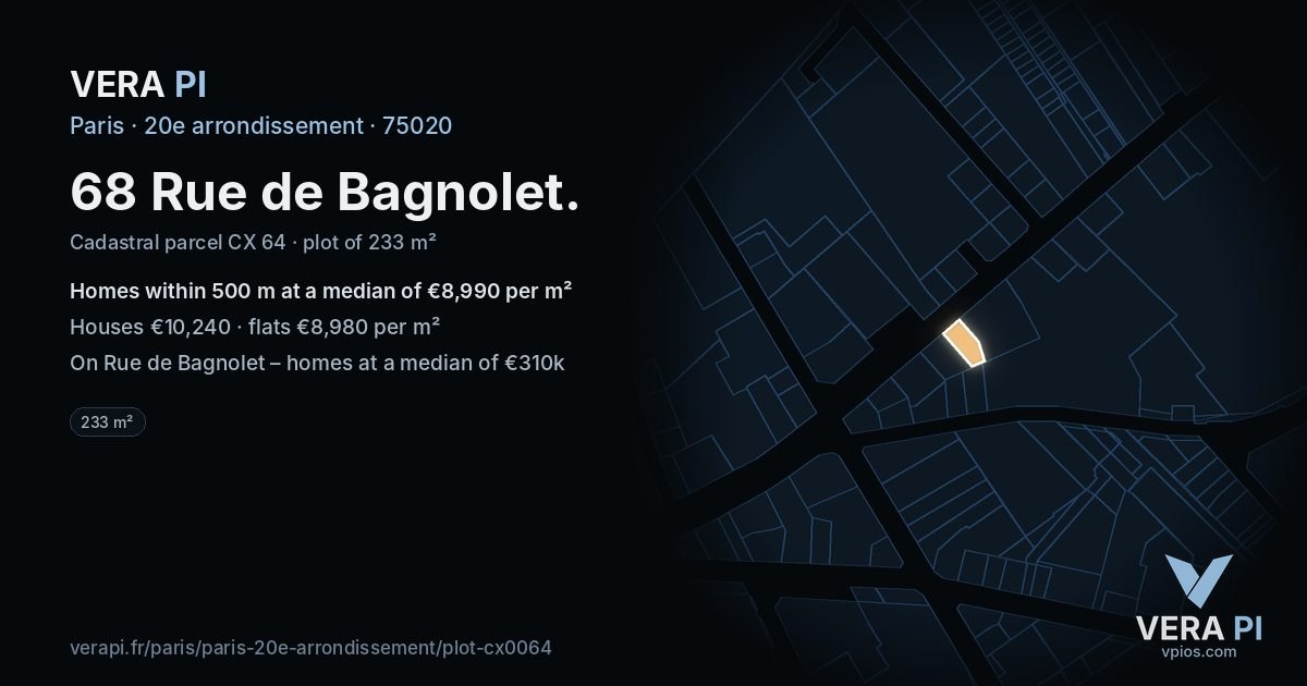68 Rue de Bagnolet, 20e arrondissement at night – the plot lit, the parcels around coloured by the prices near them