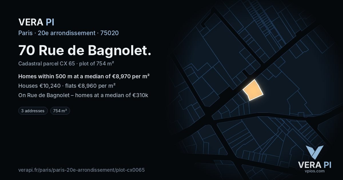 70 Rue de Bagnolet, 20e arrondissement at night – the plot lit, the parcels around coloured by the prices near them