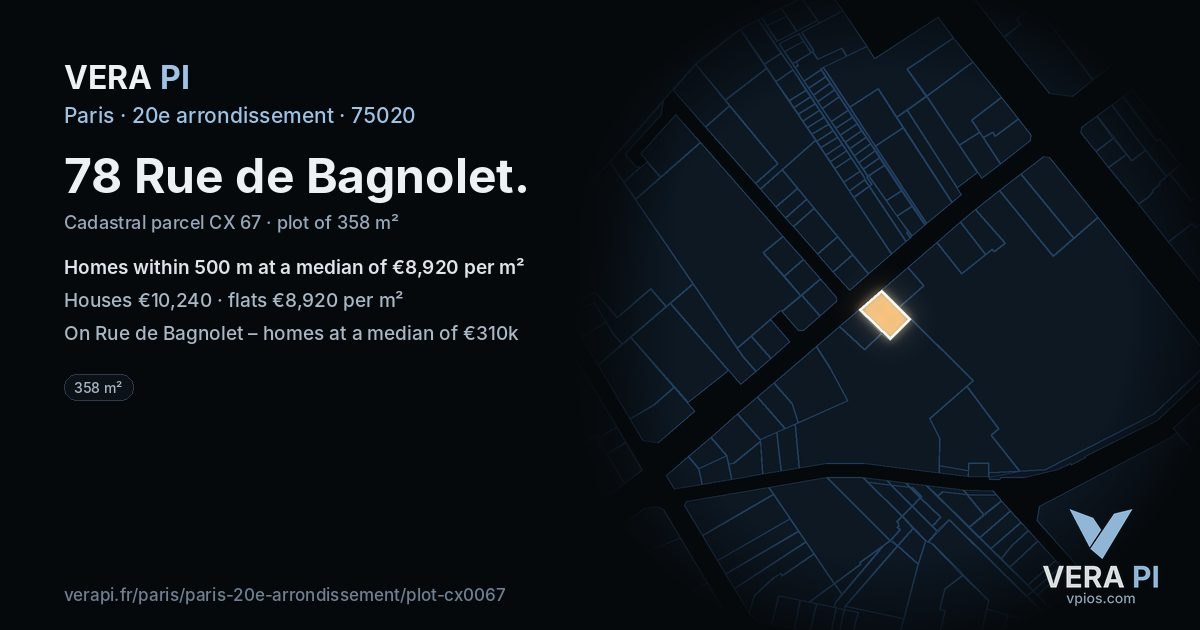 78 Rue de Bagnolet, 20e arrondissement at night – the plot lit, the parcels around coloured by the prices near them