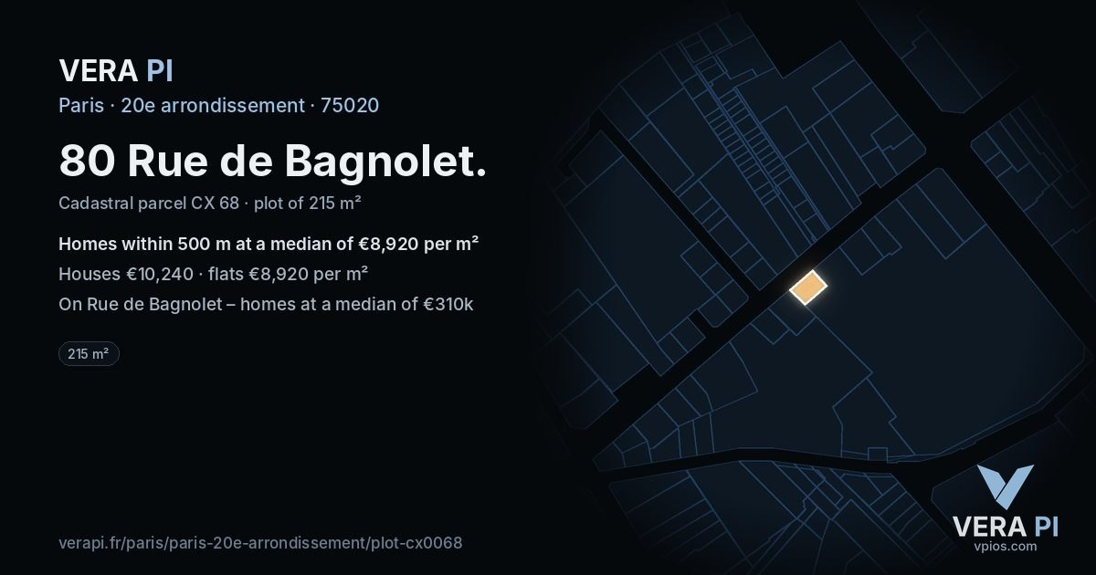 80 Rue de Bagnolet, 20e arrondissement at night – the plot lit, the parcels around coloured by the prices near them