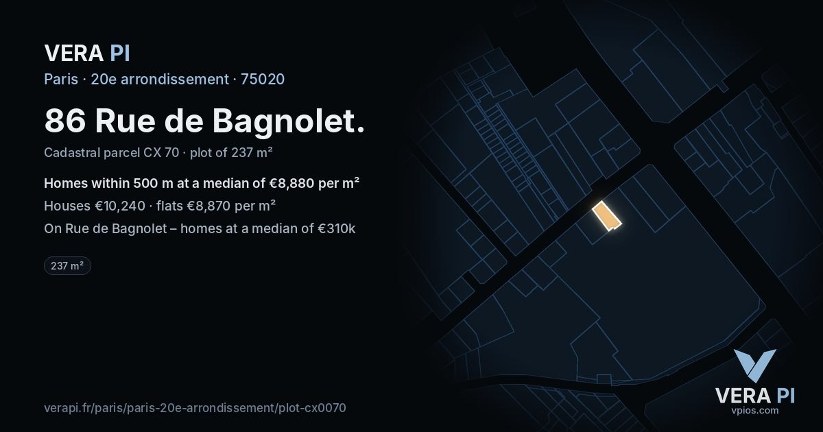 86 Rue de Bagnolet, 20e arrondissement at night – the plot lit, the parcels around coloured by the prices near them