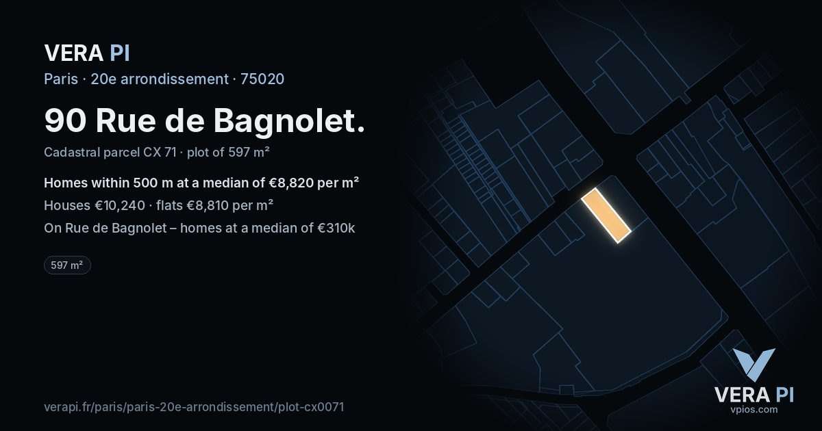 90 Rue de Bagnolet, 20e arrondissement at night – the plot lit, the parcels around coloured by the prices near them