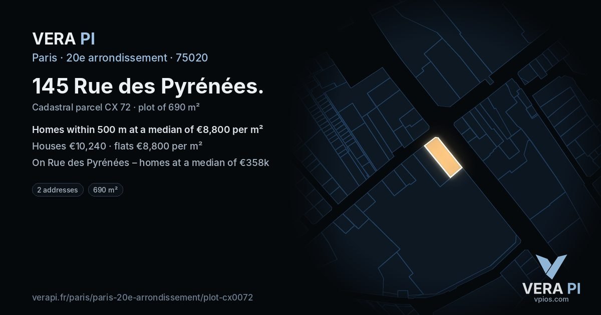 145 Rue des Pyrénées, 20e arrondissement at night – the plot lit, the parcels around coloured by the prices near them