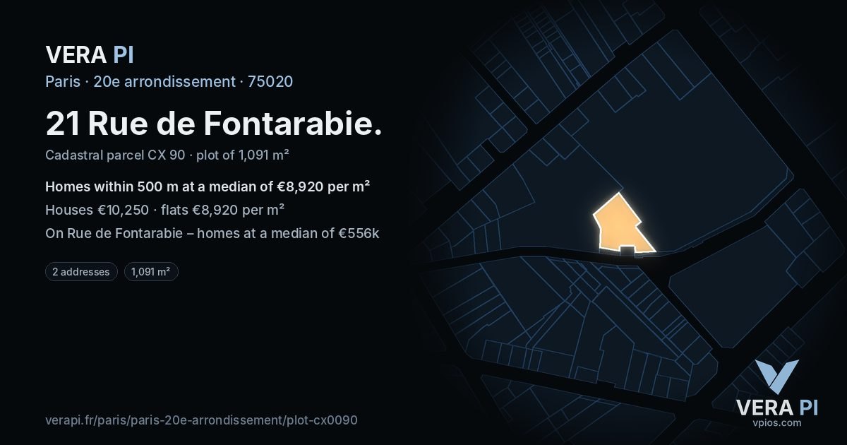 21 Rue de Fontarabie, 20e arrondissement at night – the plot lit, the parcels around coloured by the prices near them