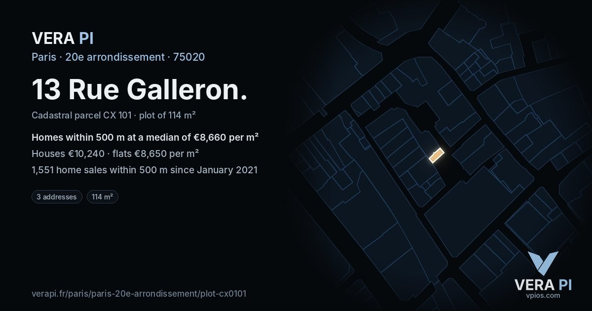 13 Rue Galleron, 20e arrondissement at night – the plot lit, the parcels around coloured by the prices near them