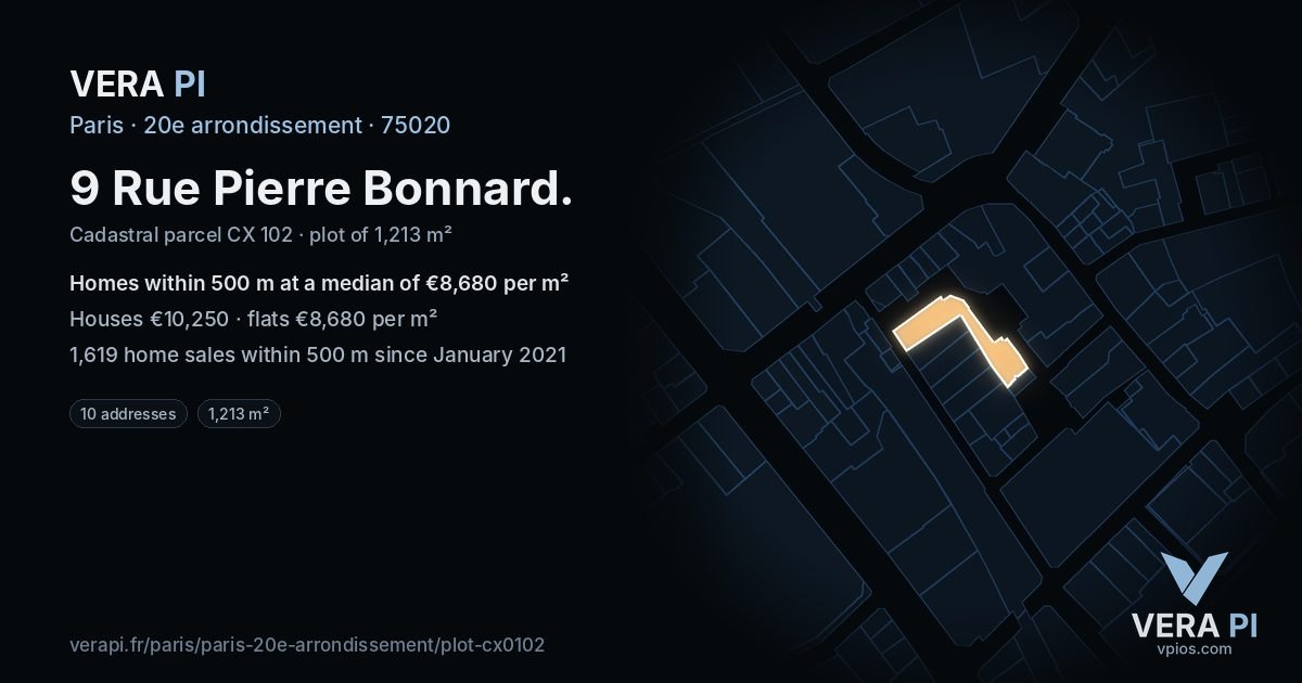 9 Rue Pierre Bonnard, 20e arrondissement at night – the plot lit, the parcels around coloured by the prices near them
