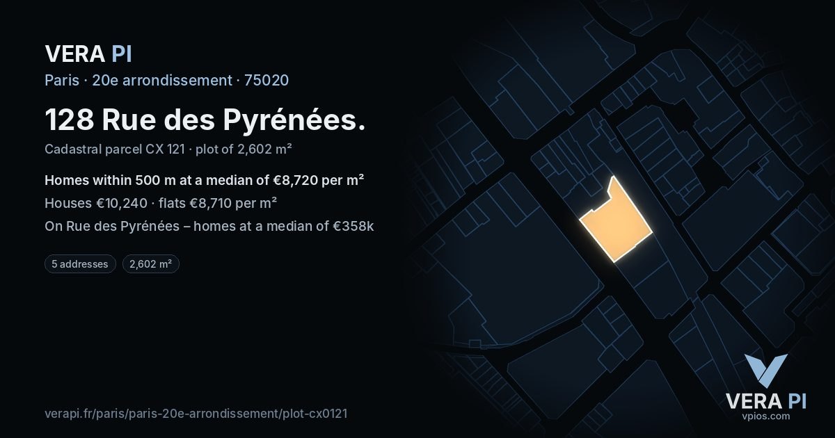 128 Rue des Pyrénées, 20e arrondissement at night – the plot lit, the parcels around coloured by the prices near them