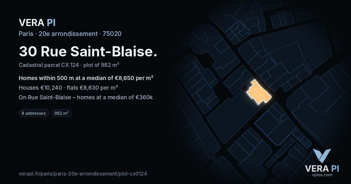 30 Rue Saint-Blaise, 20e arrondissement at night – the plot lit, the parcels around coloured by the prices near them