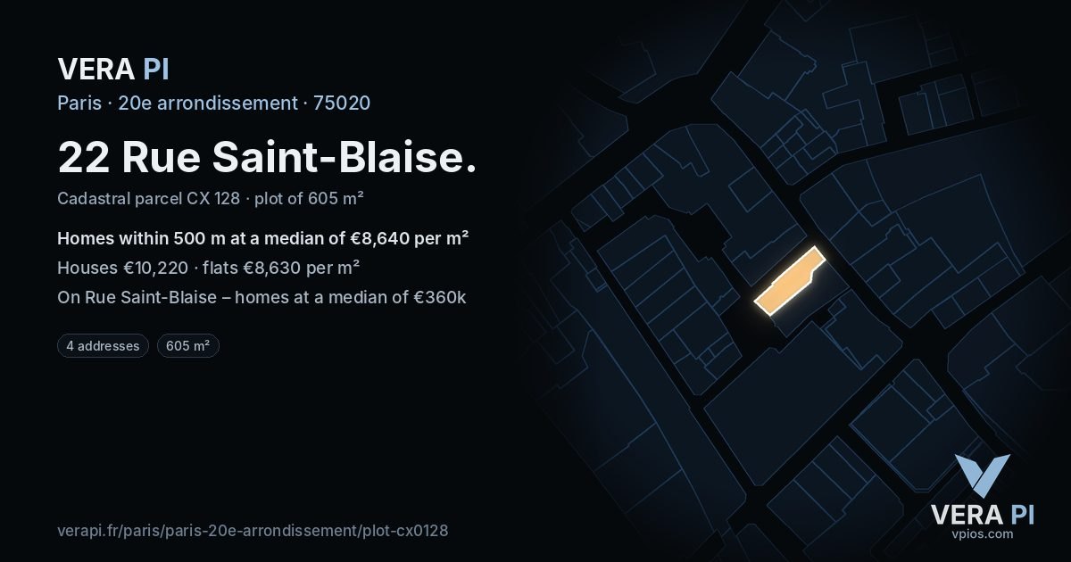 22 Rue Saint-Blaise, 20e arrondissement at night – the plot lit, the parcels around coloured by the prices near them