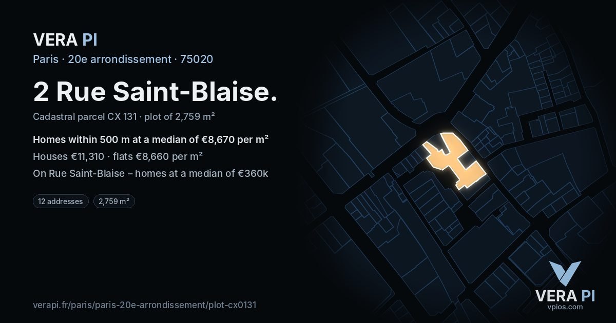 2 Rue Saint-Blaise, 20e arrondissement at night – the plot lit, the parcels around coloured by the prices near them