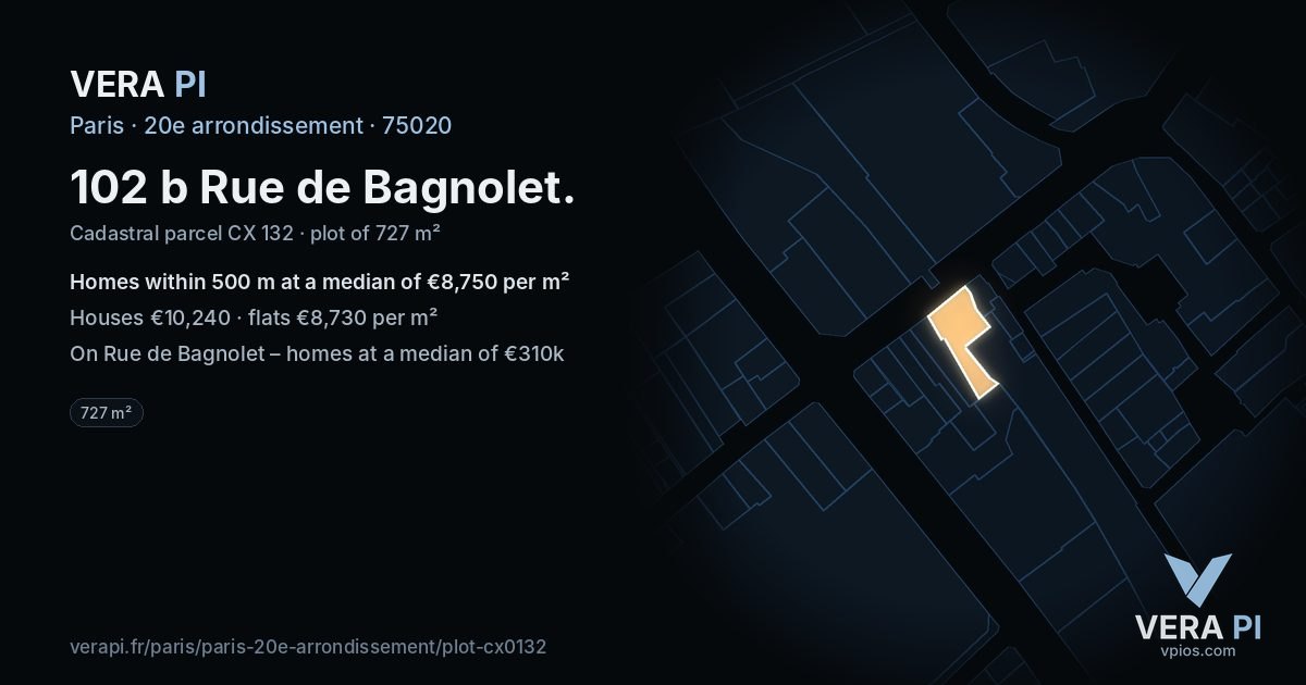 102 b Rue de Bagnolet, 20e arrondissement at night – the plot lit, the parcels around coloured by the prices near them