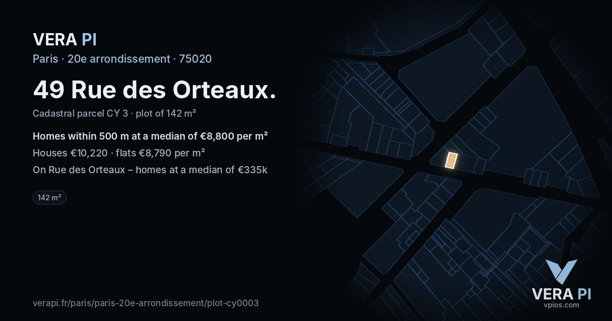 49 Rue des Orteaux, 20e arrondissement at night – the plot lit, the parcels around coloured by the prices near them