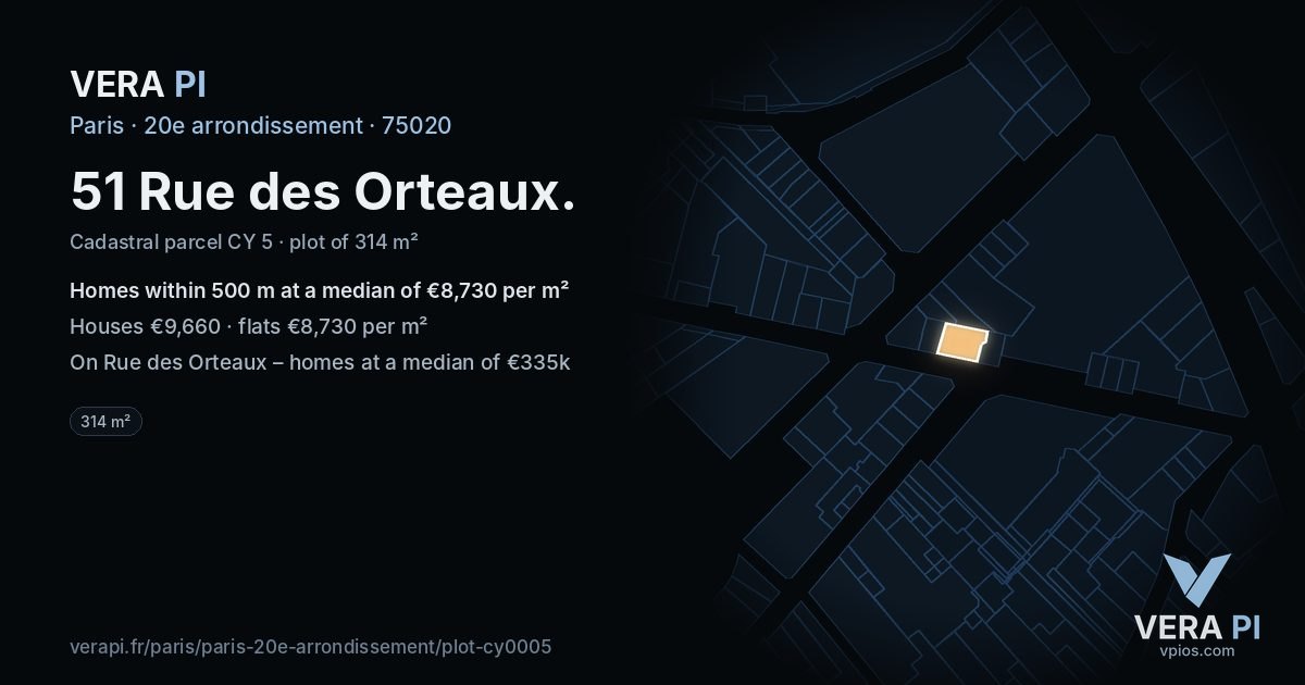 51 Rue des Orteaux, 20e arrondissement at night – the plot lit, the parcels around coloured by the prices near them