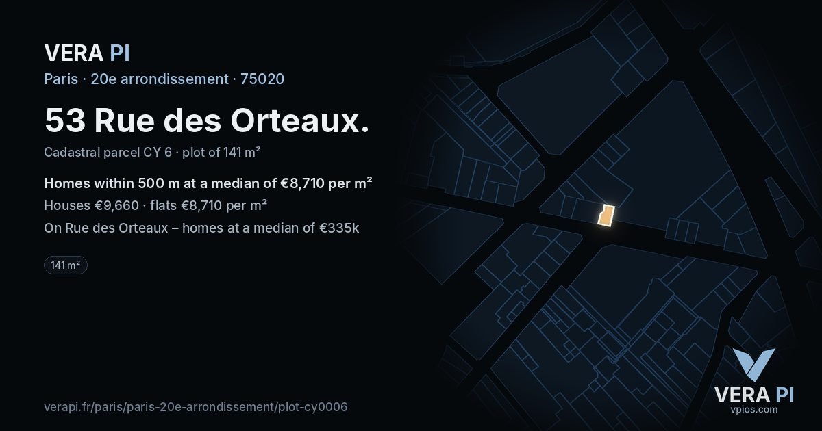 53 Rue des Orteaux, 20e arrondissement at night – the plot lit, the parcels around coloured by the prices near them