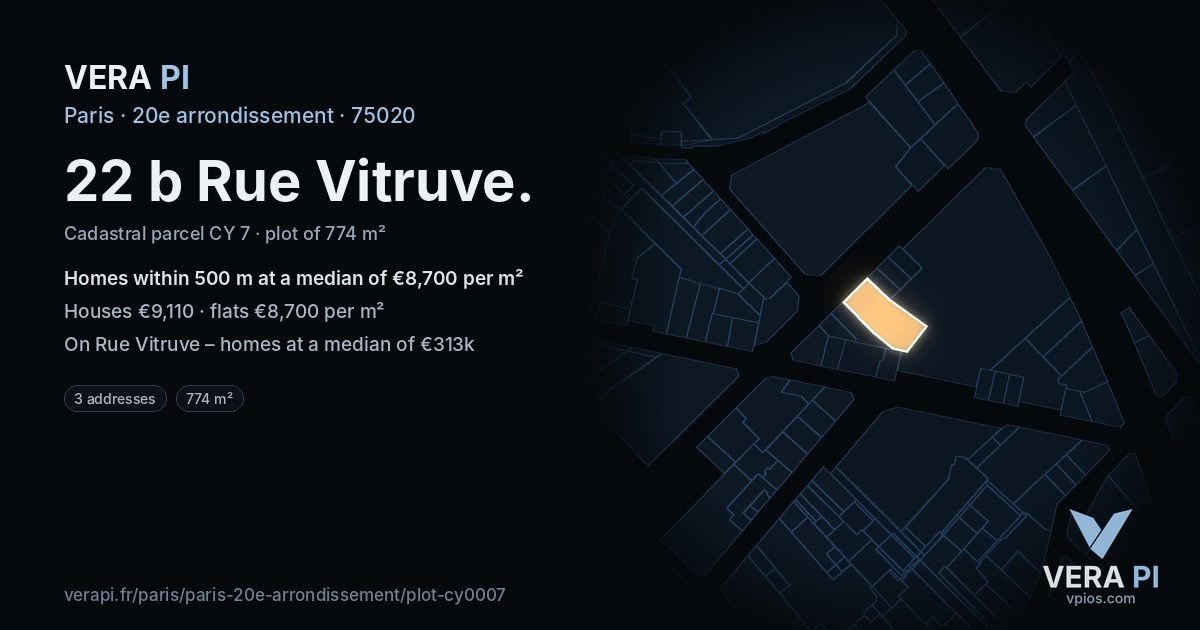 22 b Rue Vitruve, 20e arrondissement at night – the plot lit, the parcels around coloured by the prices near them