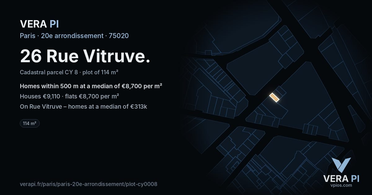 26 Rue Vitruve, 20e arrondissement at night – the plot lit, the parcels around coloured by the prices near them