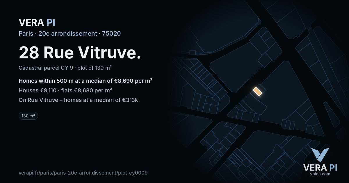28 Rue Vitruve, 20e arrondissement at night – the plot lit, the parcels around coloured by the prices near them