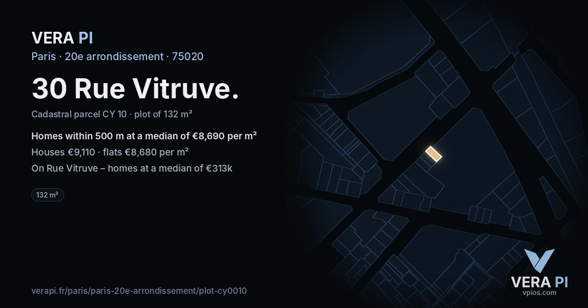 30 Rue Vitruve, 20e arrondissement at night – the plot lit, the parcels around coloured by the prices near them