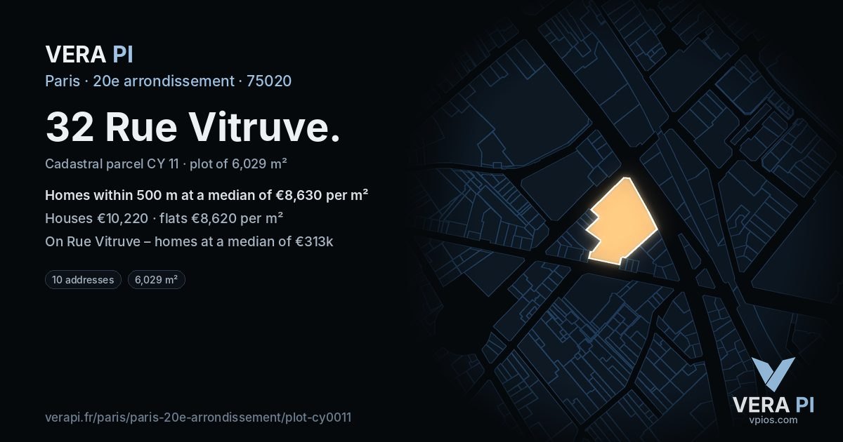 32 Rue Vitruve, 20e arrondissement at night – the plot lit, the parcels around coloured by the prices near them