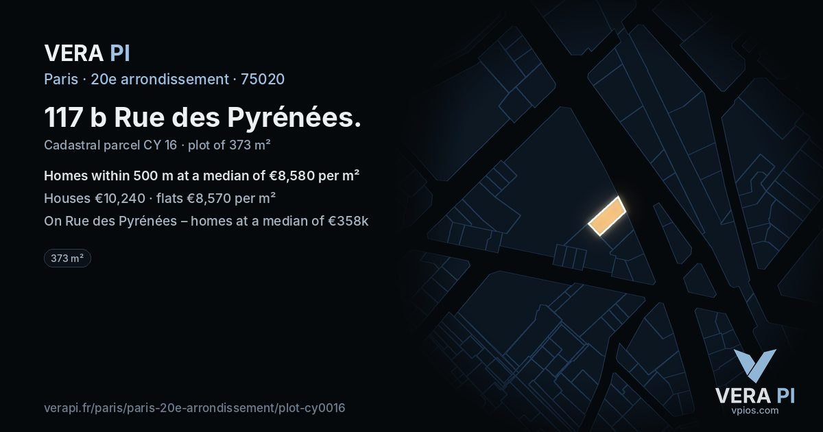 117 b Rue des Pyrénées, 20e arrondissement at night – the plot lit, the parcels around coloured by the prices near them