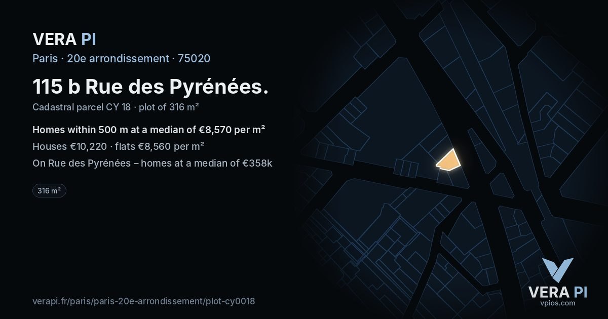 115 b Rue des Pyrénées, 20e arrondissement at night – the plot lit, the parcels around coloured by the prices near them