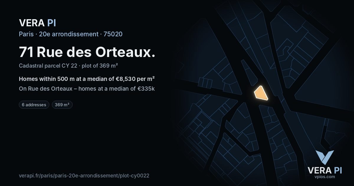 71 Rue des Orteaux, 20e arrondissement at night – the plot lit, the parcels around coloured by the prices near them