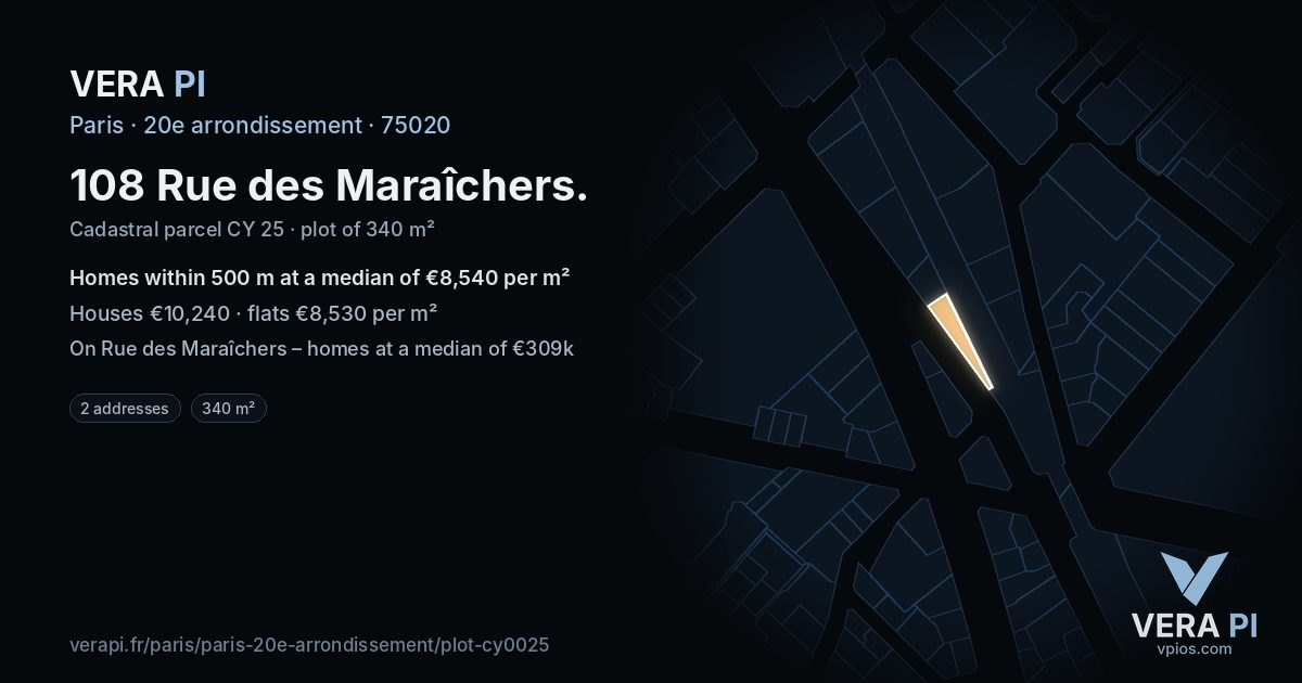 108 Rue des Maraîchers, 20e arrondissement at night – the plot lit, the parcels around coloured by the prices near them