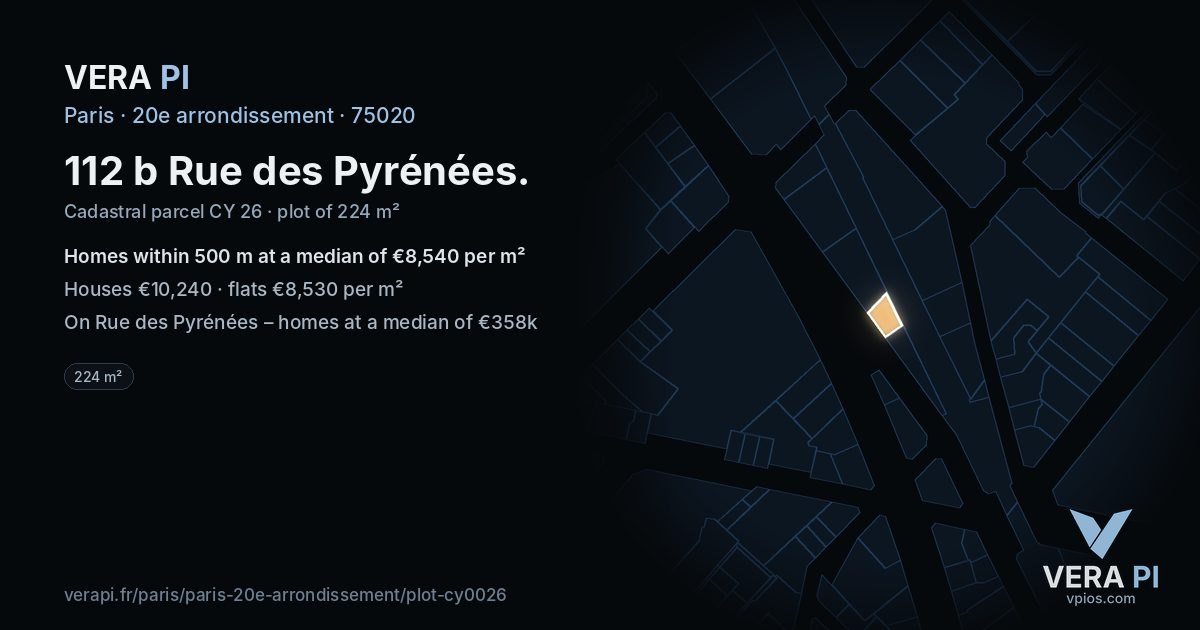 112 b Rue des Pyrénées, 20e arrondissement at night – the plot lit, the parcels around coloured by the prices near them