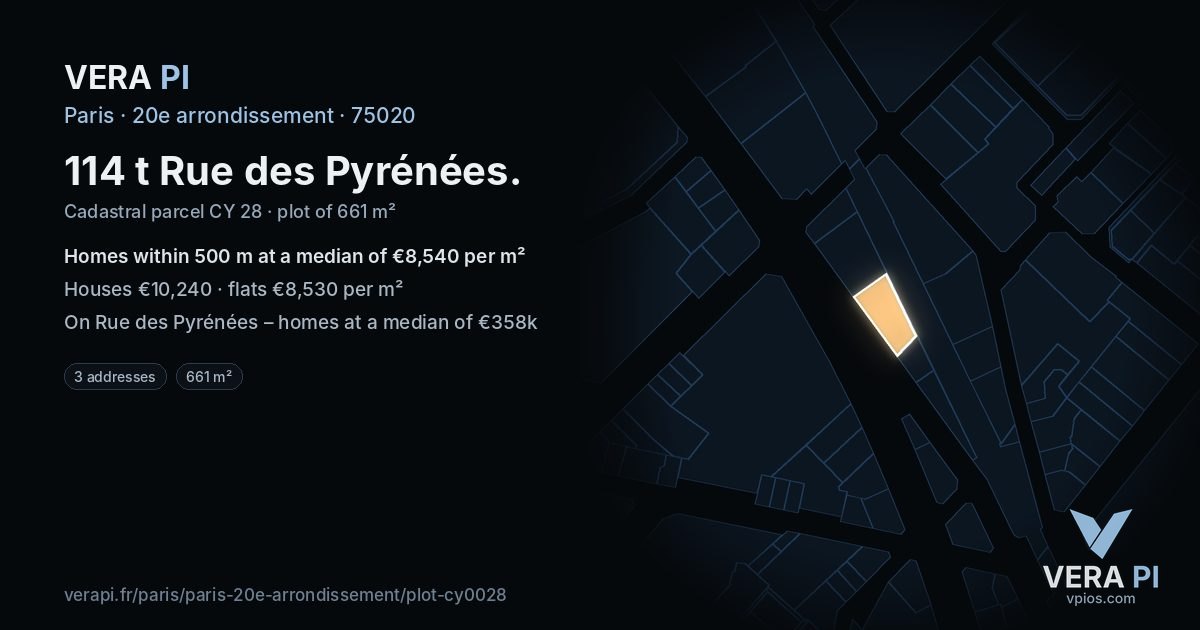 114 t Rue des Pyrénées, 20e arrondissement at night – the plot lit, the parcels around coloured by the prices near them