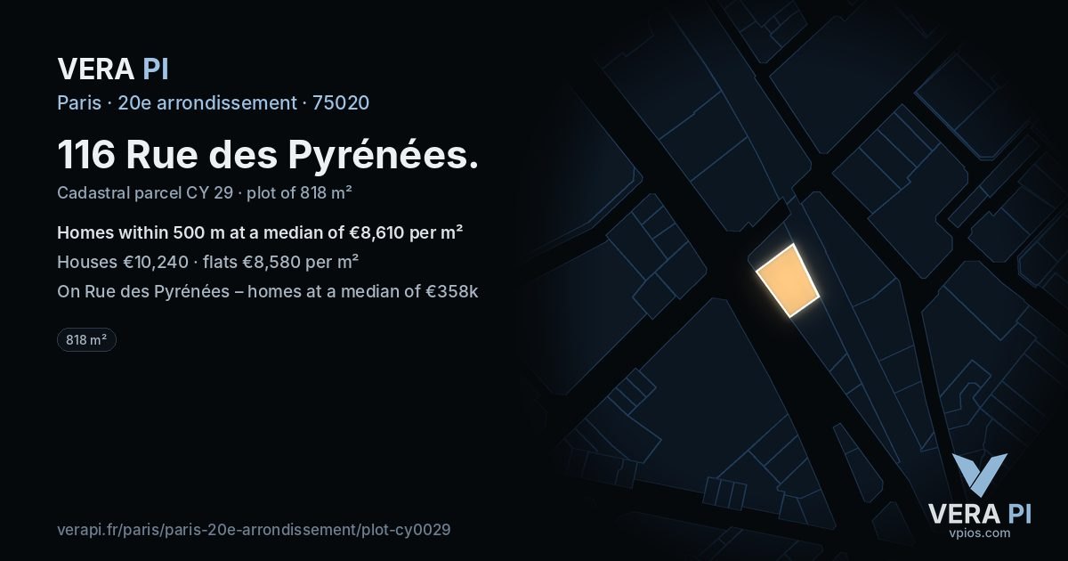 116 Rue des Pyrénées, 20e arrondissement at night – the plot lit, the parcels around coloured by the prices near them