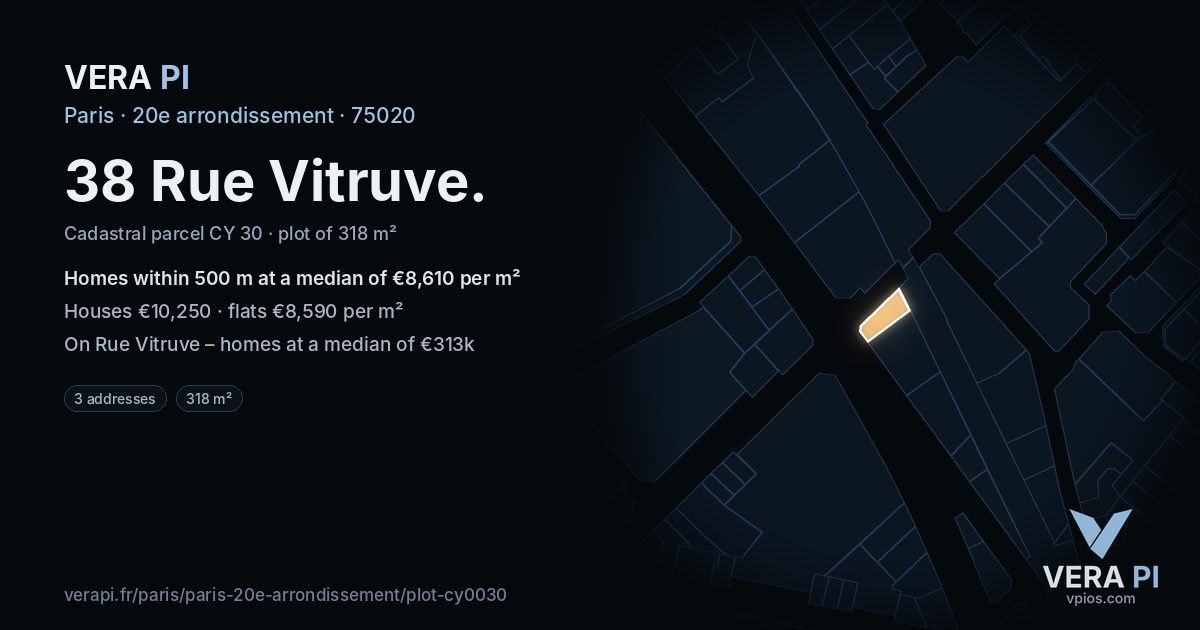 38 Rue Vitruve, 20e arrondissement at night – the plot lit, the parcels around coloured by the prices near them