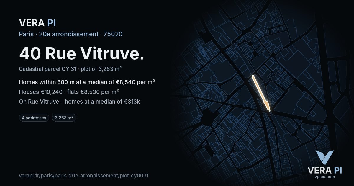 40 Rue Vitruve, 20e arrondissement at night – the plot lit, the parcels around coloured by the prices near them