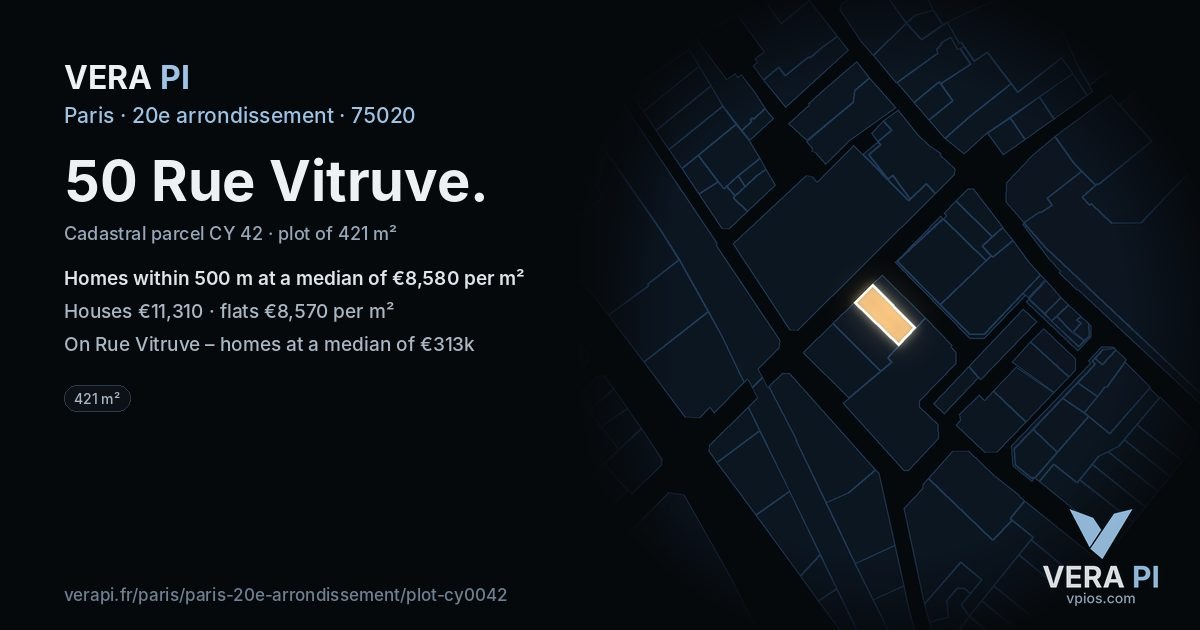 50 Rue Vitruve, 20e arrondissement at night – the plot lit, the parcels around coloured by the prices near them