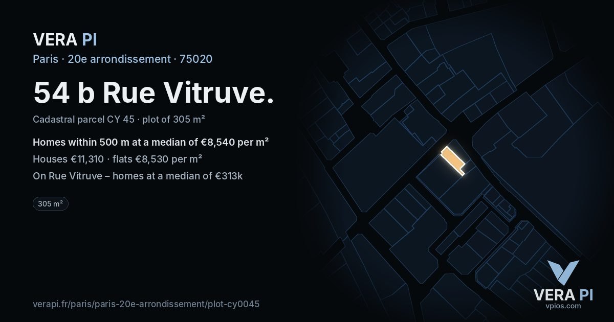 54 b Rue Vitruve, 20e arrondissement at night – the plot lit, the parcels around coloured by the prices near them