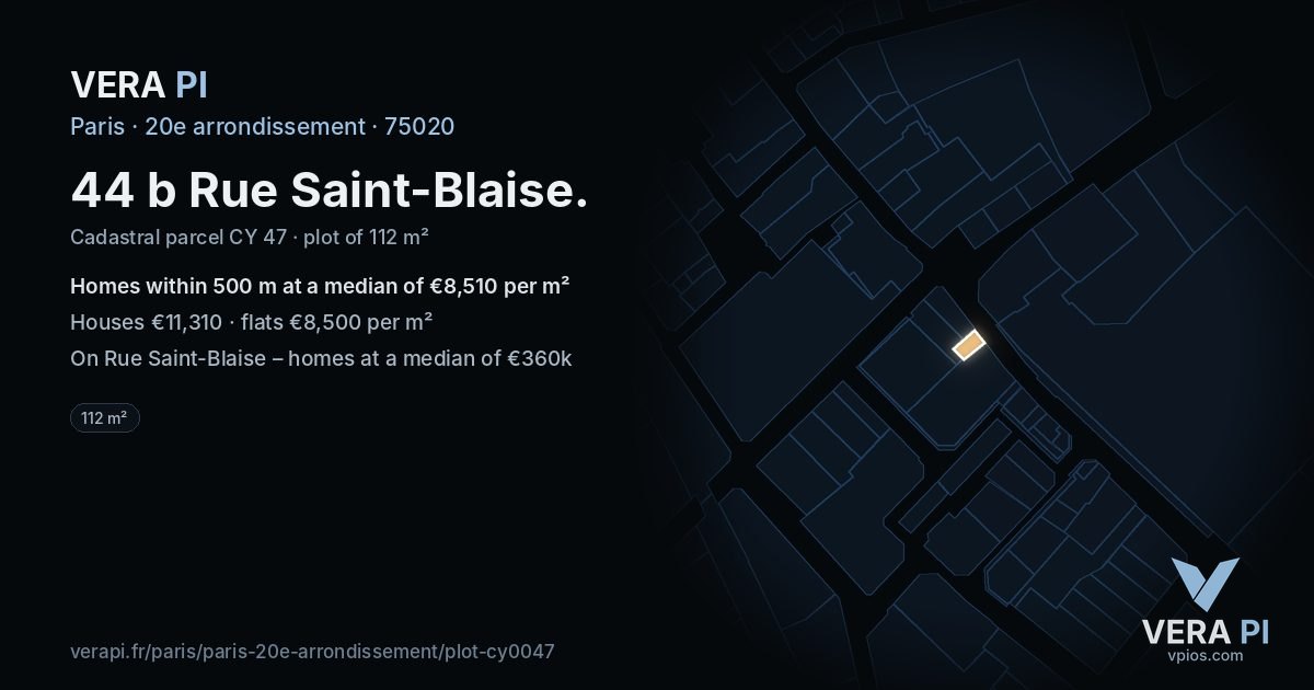 44 b Rue Saint-Blaise, 20e arrondissement at night – the plot lit, the parcels around coloured by the prices near them