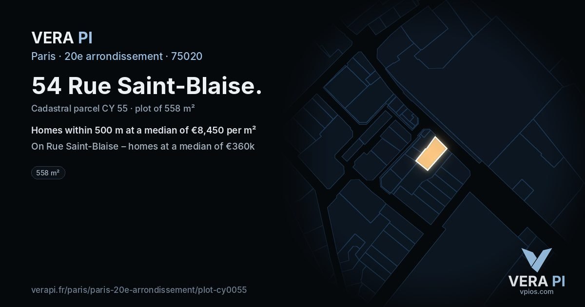 54 Rue Saint-Blaise, 20e arrondissement at night – the plot lit, the parcels around coloured by the prices near them