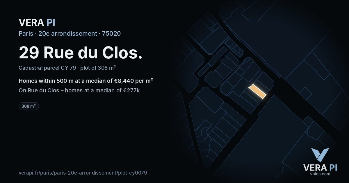 29 Rue du Clos, 20e arrondissement at night – the plot lit, the parcels around coloured by the prices near them
