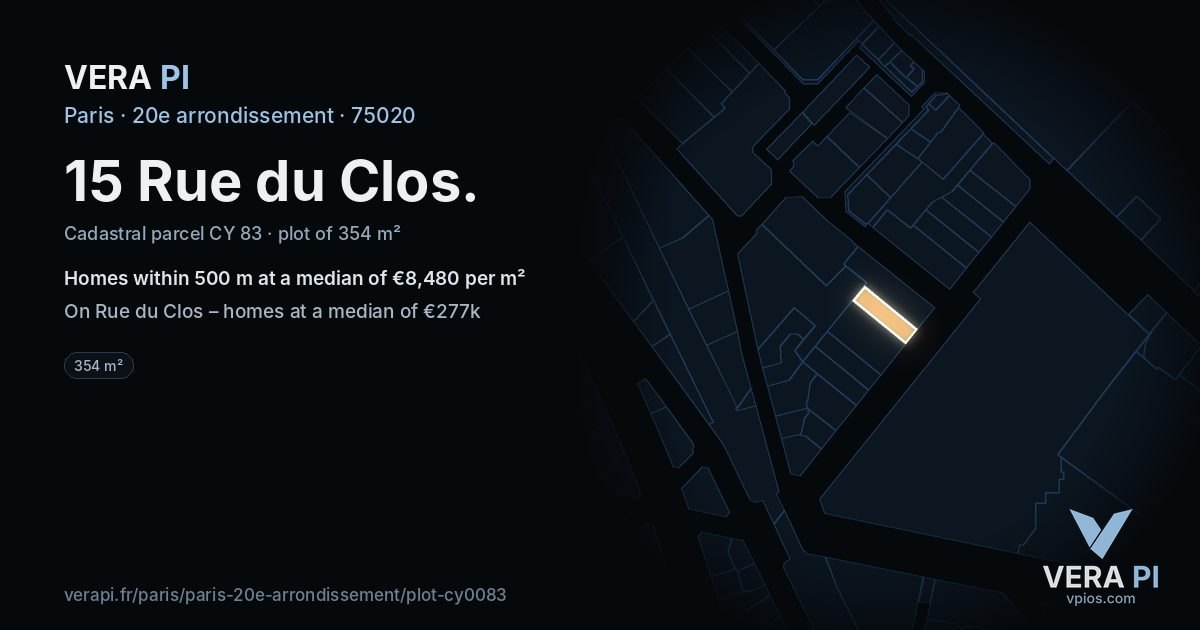 15 Rue du Clos, 20e arrondissement at night – the plot lit, the parcels around coloured by the prices near them