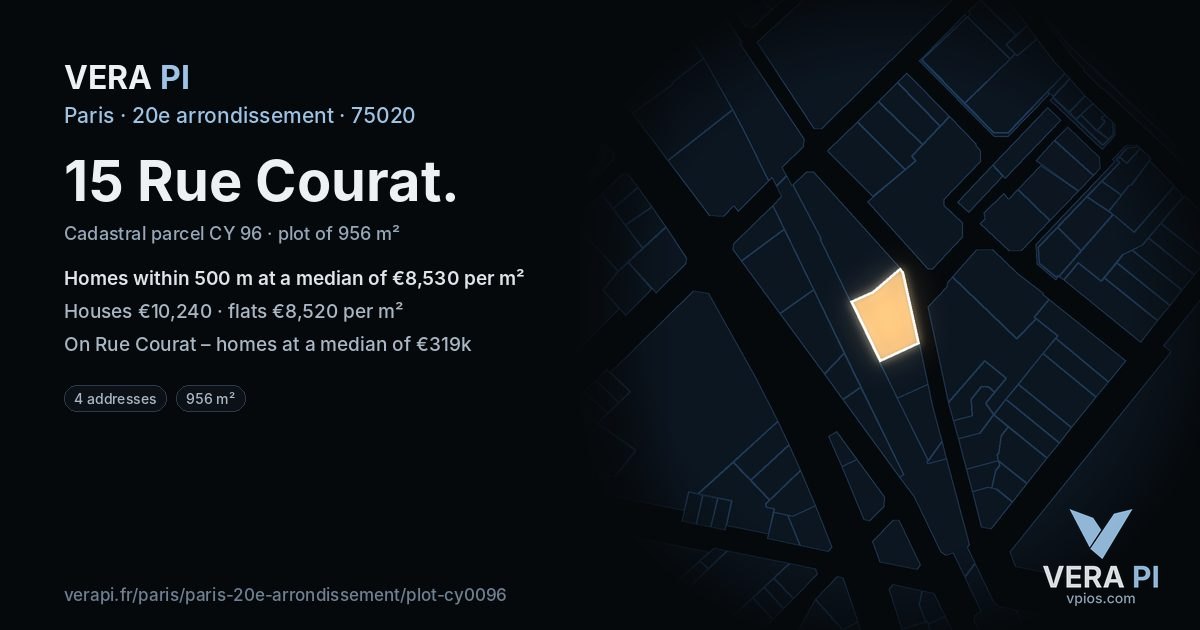 15 Rue Courat, 20e arrondissement at night – the plot lit, the parcels around coloured by the prices near them