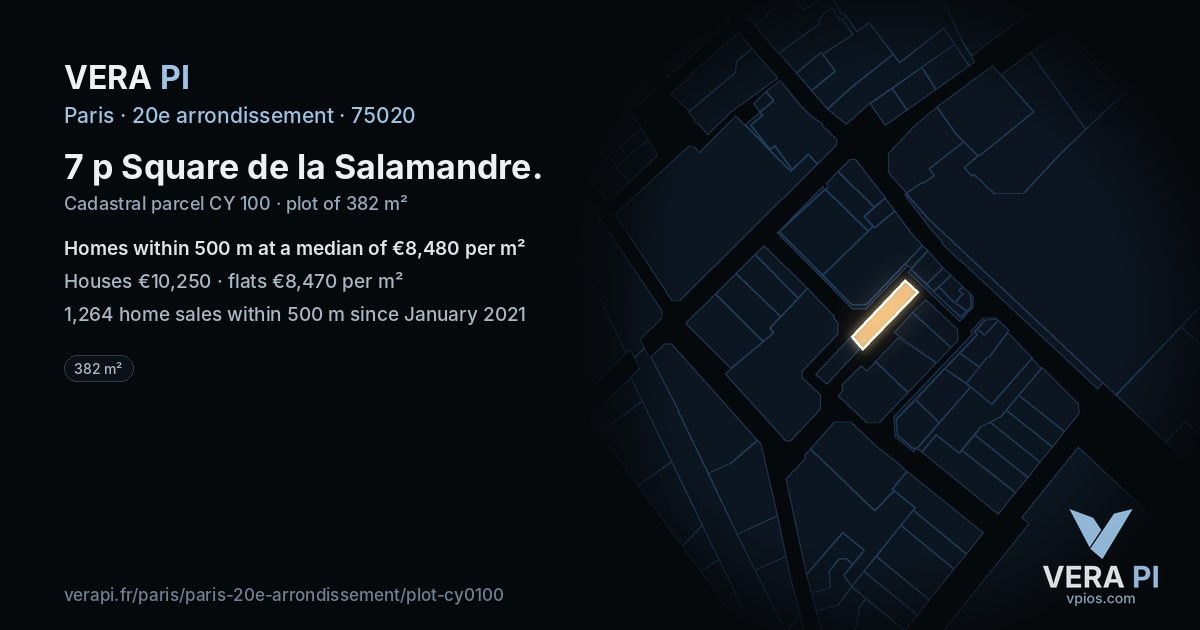 7 p Square de la Salamandre, 20e arrondissement at night – the plot lit, the parcels around coloured by the prices near them