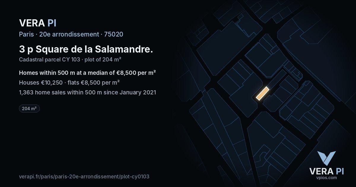 3 p Square de la Salamandre, 20e arrondissement at night – the plot lit, the parcels around coloured by the prices near them