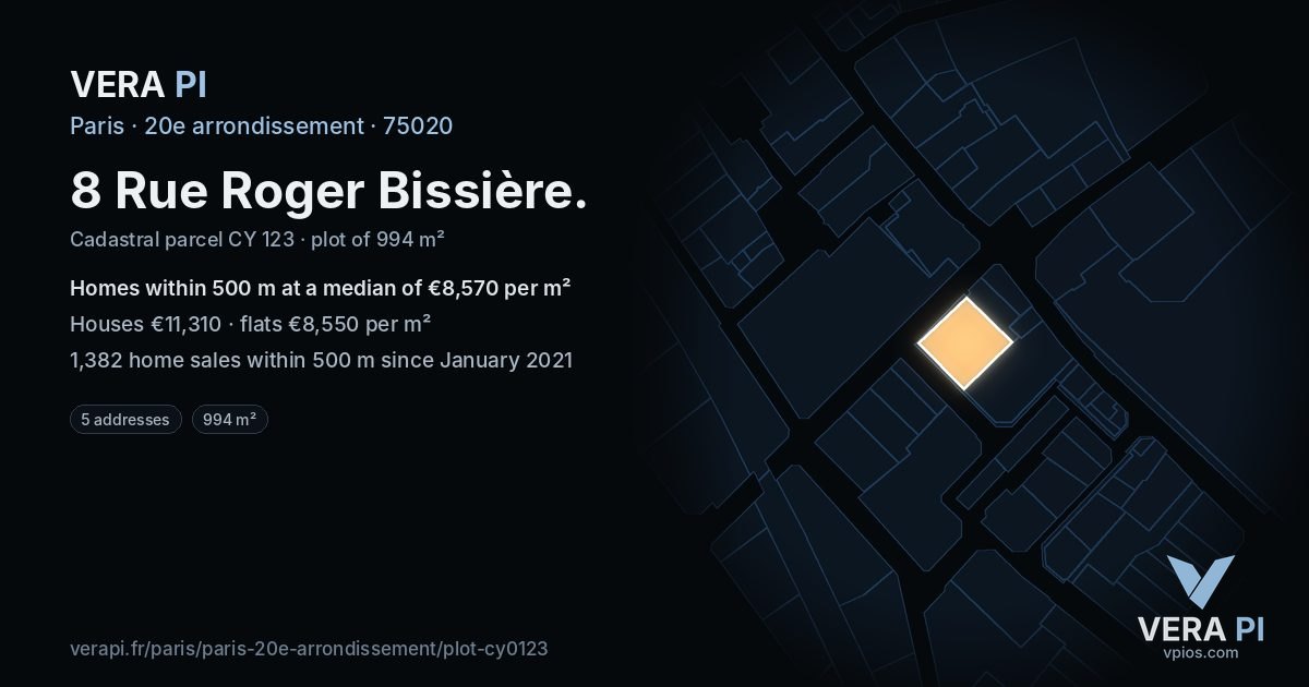 8 Rue Roger Bissière, 20e arrondissement at night – the plot lit, the parcels around coloured by the prices near them