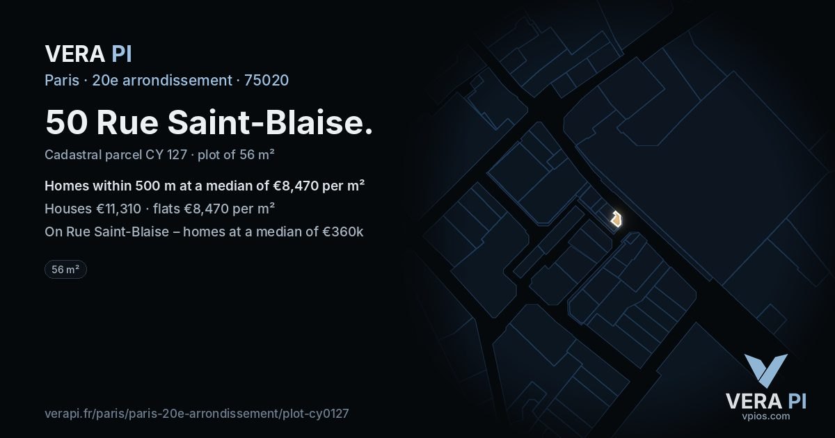 50 Rue Saint-Blaise, 20e arrondissement at night – the plot lit, the parcels around coloured by the prices near them