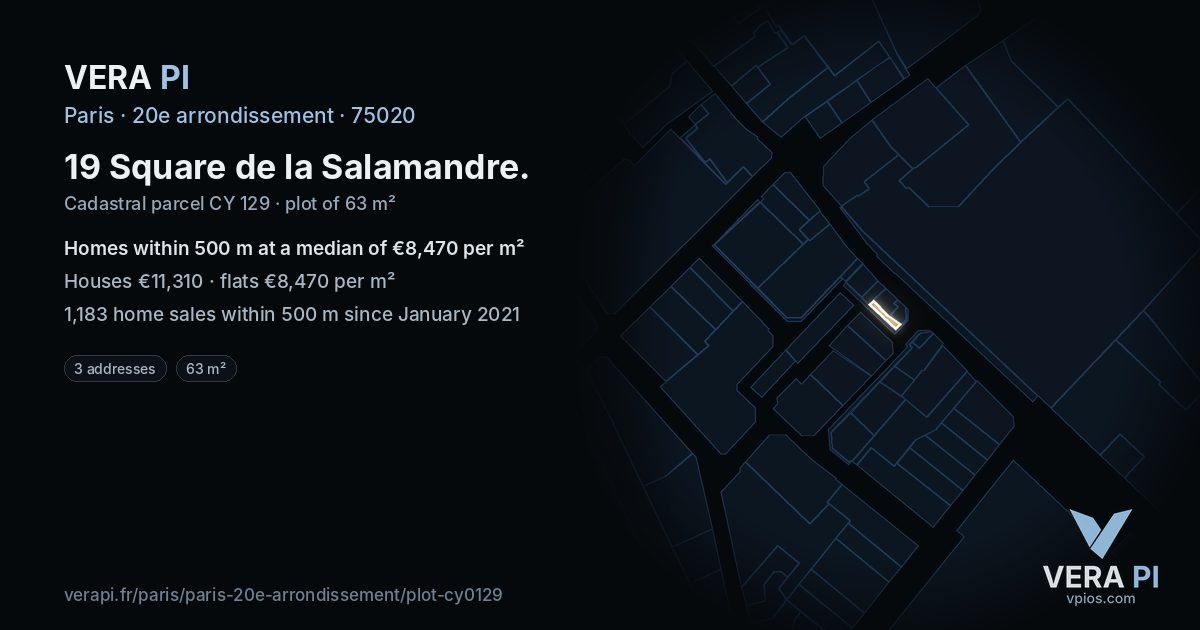 19 Square de la Salamandre, 20e arrondissement at night – the plot lit, the parcels around coloured by the prices near them