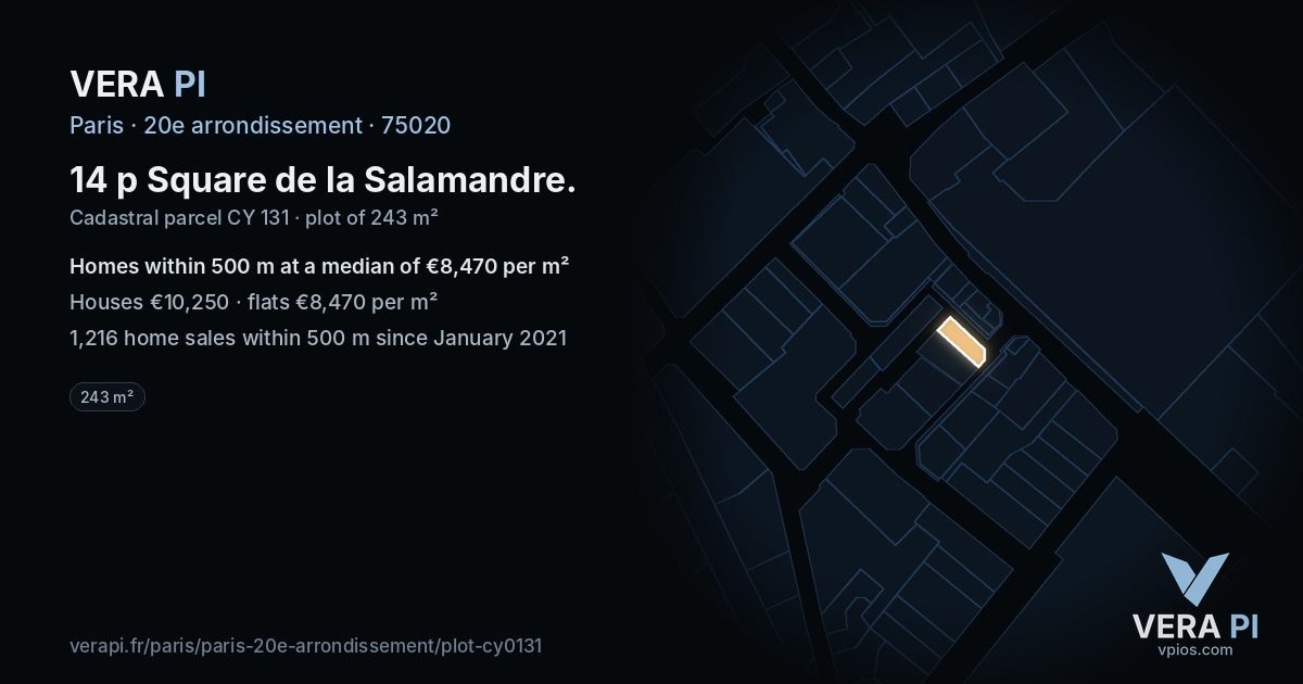 14 p Square de la Salamandre, 20e arrondissement at night – the plot lit, the parcels around coloured by the prices near them