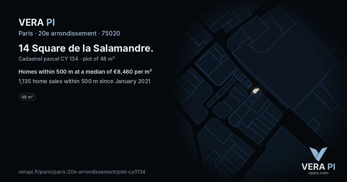 14 Square de la Salamandre, 20e arrondissement at night – the plot lit, the parcels around coloured by the prices near them