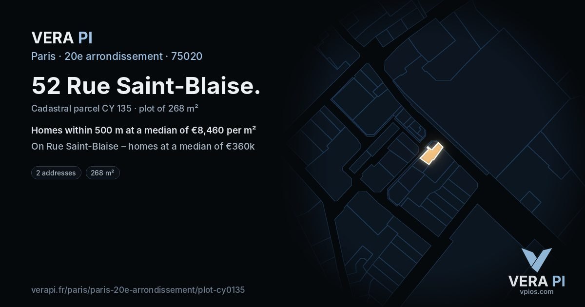 52 Rue Saint-Blaise, 20e arrondissement at night – the plot lit, the parcels around coloured by the prices near them