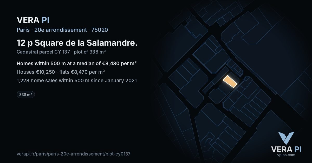 12 p Square de la Salamandre, 20e arrondissement at night – the plot lit, the parcels around coloured by the prices near them