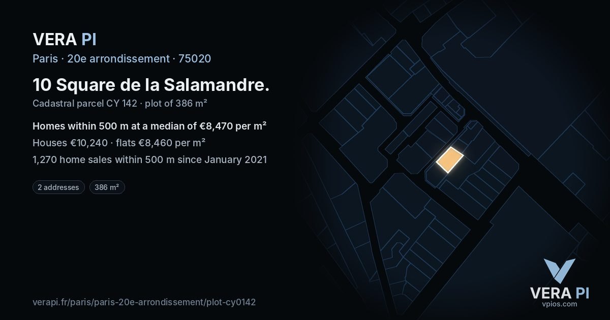 10 Square de la Salamandre, 20e arrondissement at night – the plot lit, the parcels around coloured by the prices near them