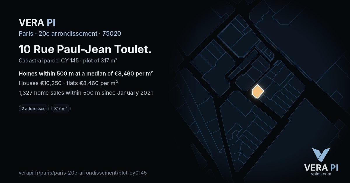 10 Rue Paul-Jean Toulet, 20e arrondissement at night – the plot lit, the parcels around coloured by the prices near them